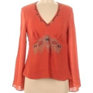 Y2K Beaded & Sequined Boho Silk Blouse Fairy Top Bell Sleeves Romantic Fall
